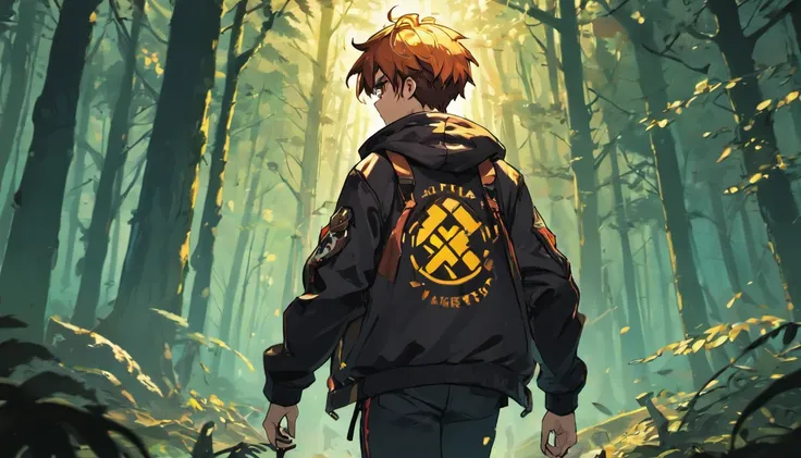 Wallpaper desktop (4k) boy 17 years old carry kriss vector wearing a jacket carryinh a bag use headsets walking in the forest facing back