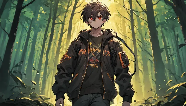 Wallpaper desktop (4k) boy 17 years old carry kriss vector wearing a jacket carryinh a bag use headsets walking in the forest facing back