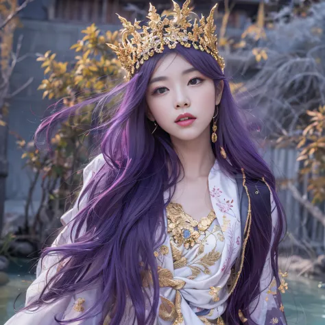 Genki Girl 32K（tmasterpiece，k hd，hyper HD，32K）Long flowing bright purple hair，Autumn Pond，zydink， a color，  Asian people （Genki girl）， （Silk scarf）， Combat posture， looking at the ground， long whitr hair， Floating bright purple， Fire cloud pattern gold tia...