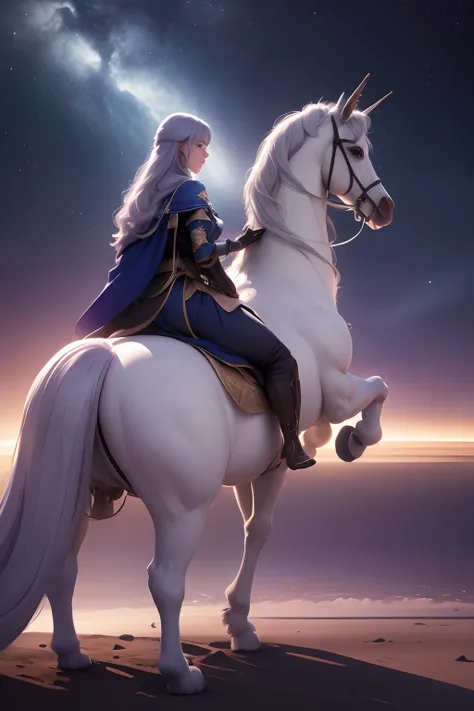 A lone knight riding her unicorn toward the stars is an image worthy of a fairy tale. As night looms on the horizon, ela surge no horizonte, montada graciosamente em seu majestoso companheiro.

The knight is dressed in armor that shines like starlight, cri...