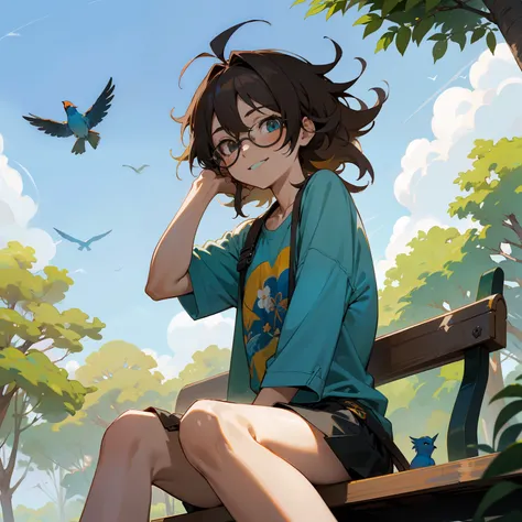 High Revolution, detalhado, obra prima, Estilo anime, 1garoto, ((sorrindo)), cabelo castanho, cabelo longo, ((messy hair)) modern glasses, roupa casual, parque, floresta, Sitting not bench, dia ensolarado, blue skies, brazi, Small birds