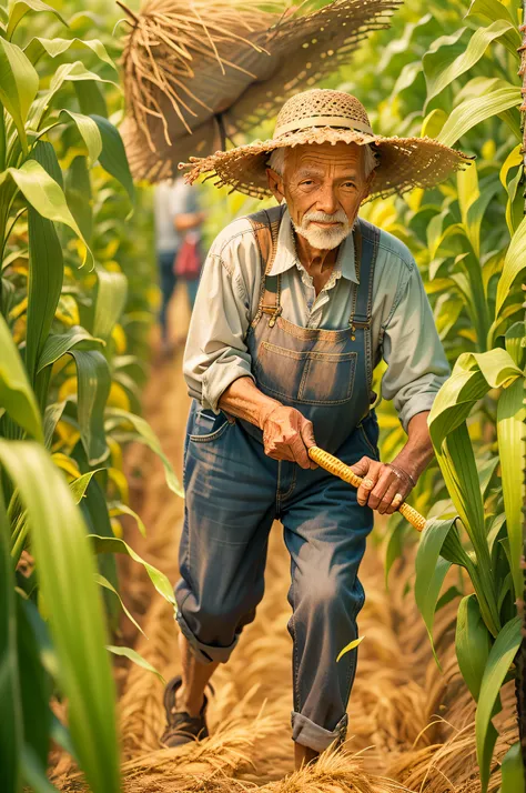 In a cornfield, an old farmer is harvesting corn，Old farmer with straw hat，The sun is shining，Large cornfields，Lively atmosphere