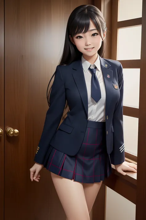 masutepiece, Super Detail, High quality, awardwinning, 8K, (girl), Solo, Smiling, japanese hight school uniform, (All formal jackets are dark navy blue), White shirt, Short tie, Short skirts are plaid, Theme color is dark navy, Standing, Half body shot, Po...