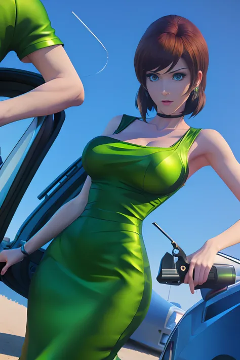 a close up of a woman holding a gun in a green dress, realistic anime 3 d style, rendered in sfm, game cg, anime styled 3d, glam...