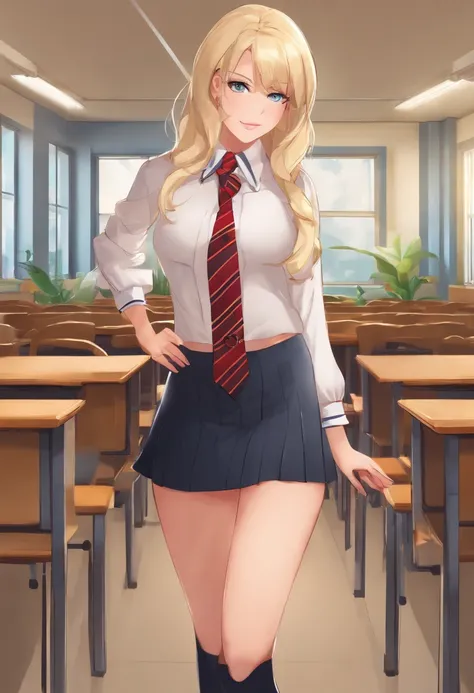 Blonde, miniskirt, teen, schoolgirl, perfect body, pretty face, standing, classroom background, blazer with shirt and tie knee high socks