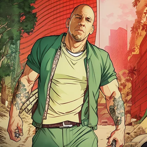 GTAV Loading Screen 2D Art, Vin Diesel as GTA5 Character, Film Composition, Shaders, Bright Cinematic Lighting, Soft Contrast, GTA5 Loading Screen