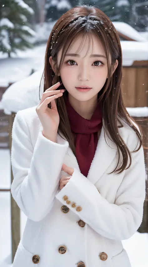 1womanl, (up of face:1.5), light brown hair, Blunt bangs, hair behind ear, hair over shoulder, Long hair, slender body shape, Ultra Fine Face, Thin face, Delicate lips, (beautidful eyes:1.5), thin blush, eyes are light brown,View here, Ultra-thin hands, Ul...