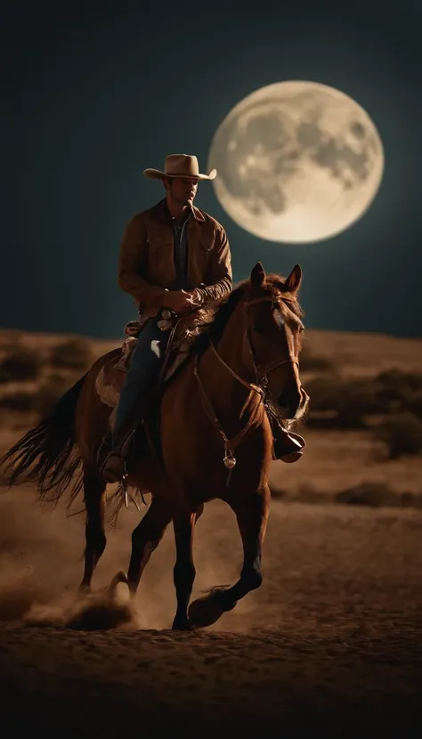 There is a man on a horse in front of a full moon, Andar a cavalo na lua, vaqueiro, Cowboy na Faixa, Back photo of a cowboy, No Velho Oeste, O Cowboy no Estranho Oeste, Velho Oeste, Lone guard, sonho de vaqueiro, quadrinhos ocidentais inspirados, lonely ri...