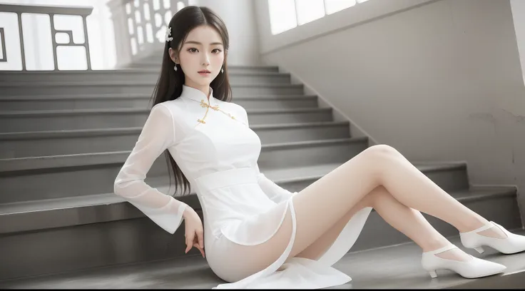 Araki woman sitting on stairs in a white dress, smooth white tight clothes suit, wearing white clothes, a beautiful woman in white aodai, full-body xianxia, gorgeous chinese models, dressed in a beautiful white, Smooth translucent white skin, elegant sleek...