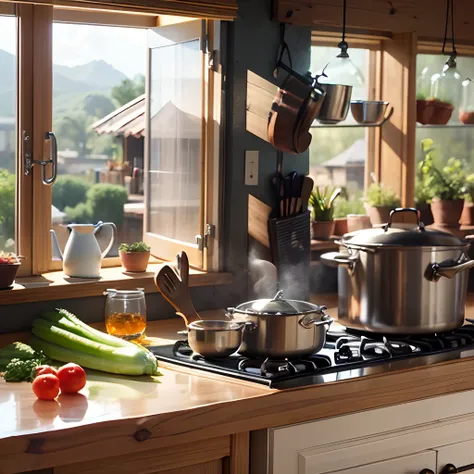 Kitchen, vegetables, glass windows, sunlight, pots and pans, woman cooking,scenic style, --auto --s2