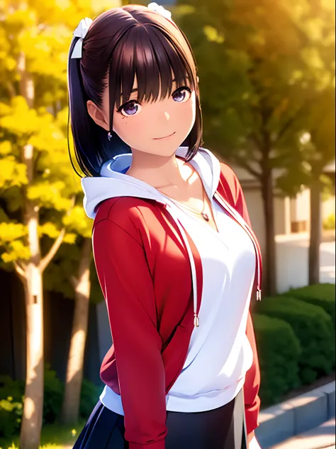 hight resolution,8K,Best Quality,detaileds,semi - realistic anime,Anime 3D Style,Smooth Anime CG,1 girl in,20 year old woman in Japan,slim,modeled,shiny chestnut hair,Medium Hair,Detailed face,Beautiful and detailed eyes,Glowing skin,((Oversized red hoodie...