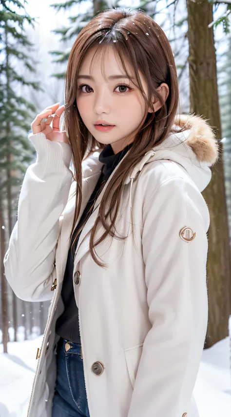 1womanl, (up of face:1.5), light brown hair, Blunt bangs, hair behind ear, hair over shoulder, Long hair, slender body shape, Ultra Fine Face, Thin face, Delicate lips, (beautidful eyes:1.5), thin blush, eyes are light brown,View here, Ultra-thin hands, Ul...