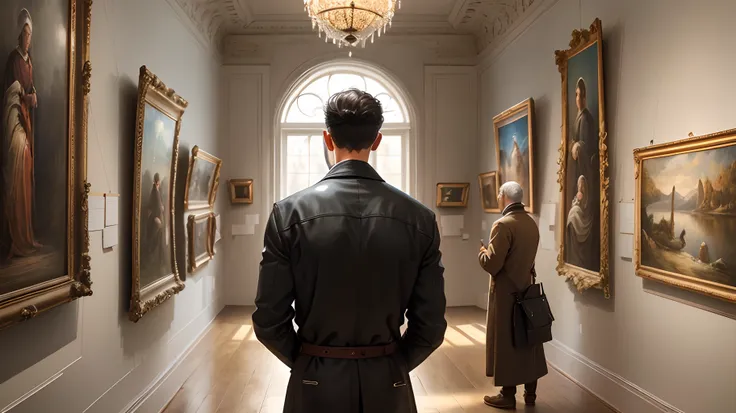 Man admiring old paintings in a gallery in the palace