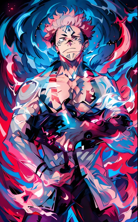 (masterpiece, best quality:1.2), sukuna from jujutsu kaisen,tattoo on his face, pink hair,using white kimono, wearing black scarf, anime art style, holding blue and black fire, fire effect, dark vibes, vibrant, anime, dark fantasy,