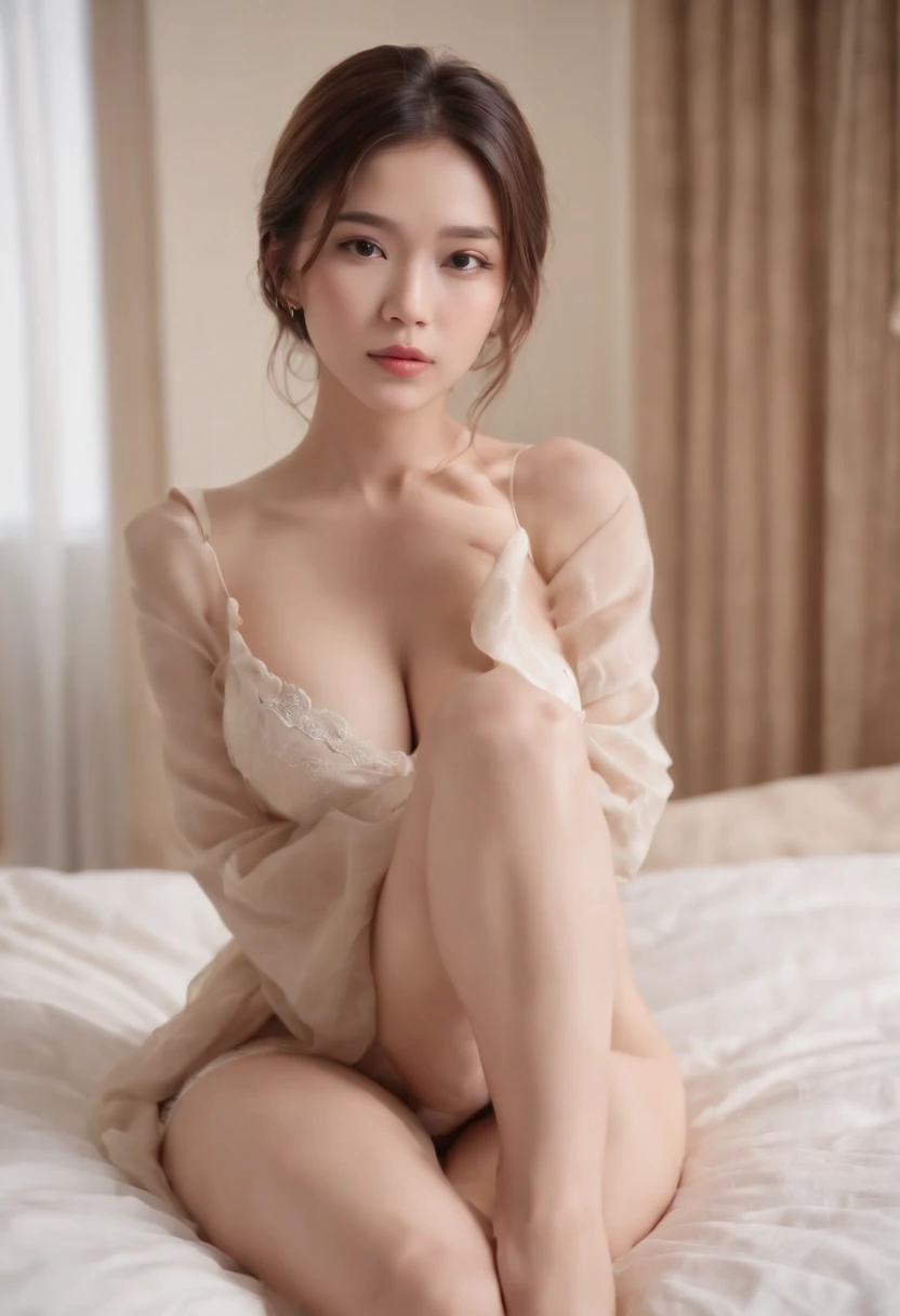 (best quality, 8k, masterpiece : 1.3) Japan girl 20 Years old naked open thighs brown hair big breast sitting in bed pose (bend knees and legs wide open)