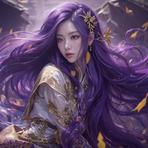 Genki Girl 32K（tmasterpiece，k hd，hyper HD，32K）Long flowing bright purple hair，Autumn Pond，zydink， a color，  Asian people （Genki girl）， （Silk scarf）， Combat posture， looking at the ground， long whitr hair， Floating bright purple， Fire cloud pattern gold tia...