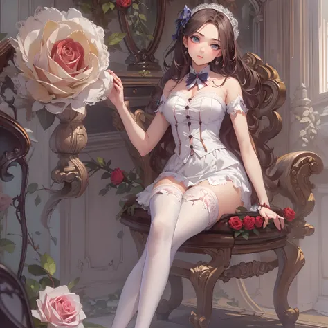 ((Masterpiece, Highest quality)), perfectly proportions，CharacterDesignSheet，full bodyesbian，Beautiful teenage girl，lacepantyhose，Rose decoration，Natural light