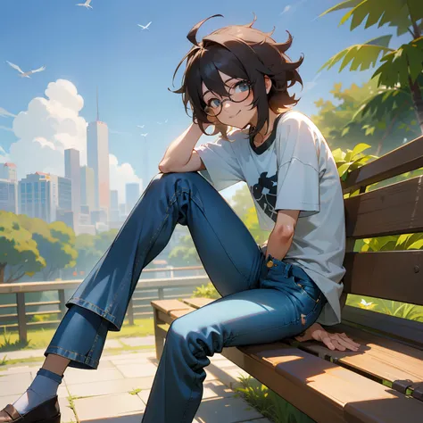 tall resolution, detalhado, obra prima, Estilo anime, 1garoto, ((sorrindo)), cabelo castanho, cabelo longo, ((messy hair)) modern glasses, olhos castanhos, roupa casual, ((camiseta xadrez)), ((Denim Jeans Pants)), parque, floresta, Sitting not bench, dia e...