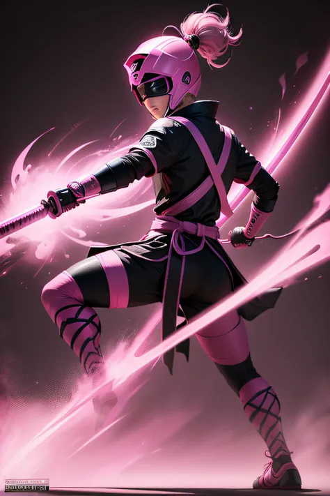 create a pink ninja power ranger, full body , black background , holding nunchaku weapon , a bit samurai theme ,