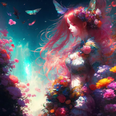 dreamlikeart, A beautiful woman in a drugged state, experiencing a wild, colorful fantasy world, dreamy, dream-like, fantastical, surreal, digital illustration, artstation, concept art, smooth, sharp focus, art by Yoshitomo Nara and Yoshitaka Amano