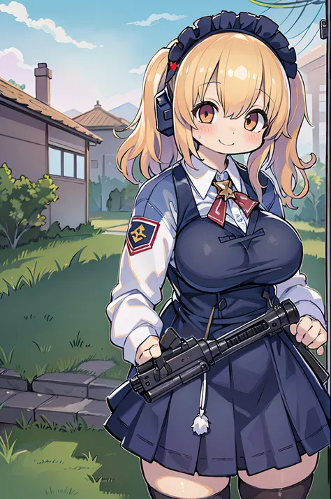 masutepiece, Best Quality, 1girl in, Empty eyes, Utsurome, maid, Smile,a child girl,Lori,(((Huge assault rifle)))