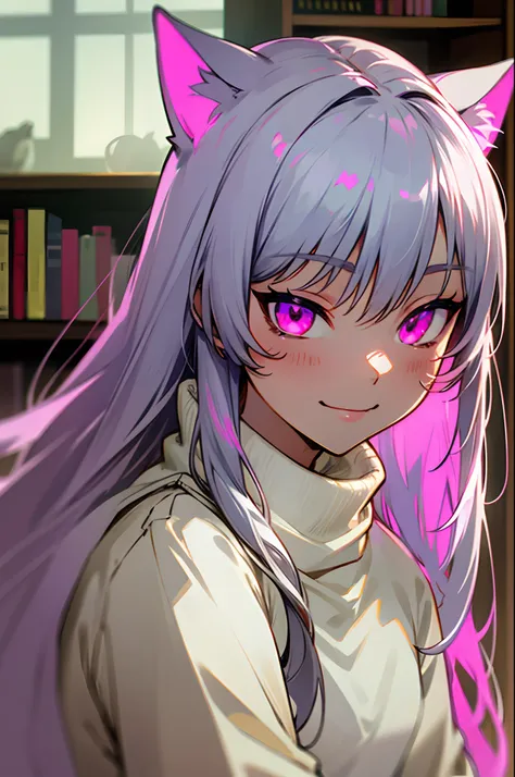 silber hair、long silvery hair、Cats ears、Pink eyes、Evil smile、(((White turtleneck sweater)))、a room、bookcase