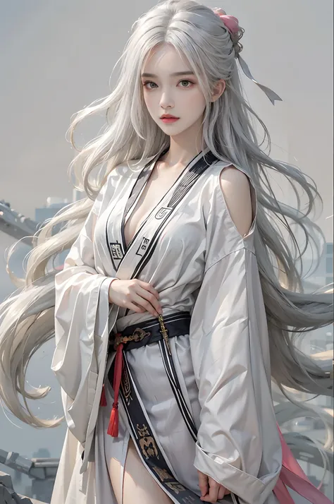 Photorealistic, high resolution, 1womanl, Solo, Hips up, view the viewer, (Detailed face), White hair, Long hair, taoist robe,Oversized clothes