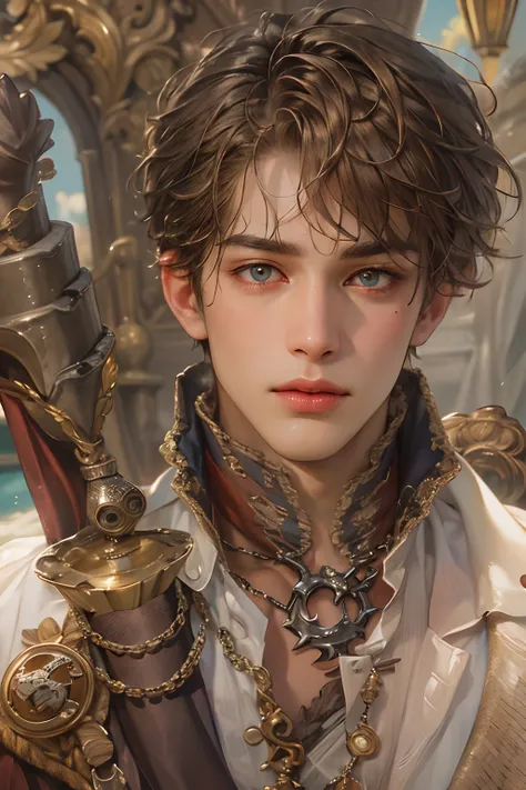 (absurdres, highres, ultra detailed, HDR), masterpiece, best quality, pirates of the Caribbean character, handsome young boy, short hair, handsome face, anime eyes, detailed interior, detailed character