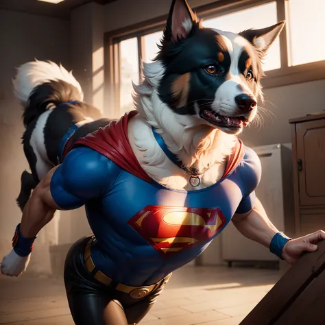 Make a Border Collie dog dressed up as a superman, eslito realista 8k