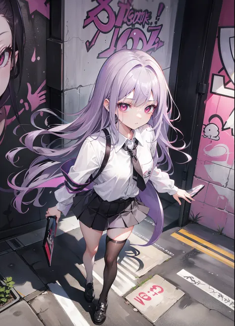 4k画质，Highest high resolution，Gray-purple bangs，Red eyes，20yr old，woman，Graffiti walls，street corner，short  skirt，blackstockings，God perspective，Clear face，Detailed eyes，