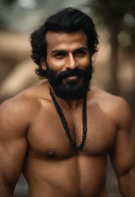 indian man, naked, full body, beefcake, hairy, erection, open mouth, tongue sticking out, short hair, middle aged, short beard