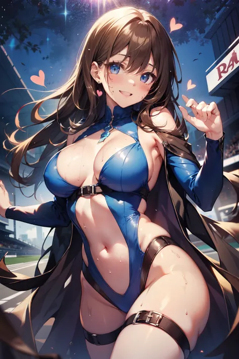 top-quality、Full limbs、complete fingers、Slender beauty、straight haired、Brown hair、Raw feet、Blue Event Companion Costume、Race Circuit、Sweating、Wet texture、Beautiful Large Breasts、Dancing、A big smile、Throwing kisses、heart mark