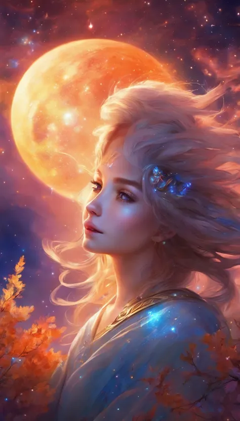 High detail, Super detail, Super high resolution, The girl enjoys her time in the fantasy galaxy, Surrounded by stars, Warm light shines on her, The background is the starry sky with colorful galaxies and galactic clouds, Stars flew around her, Delicate fa...