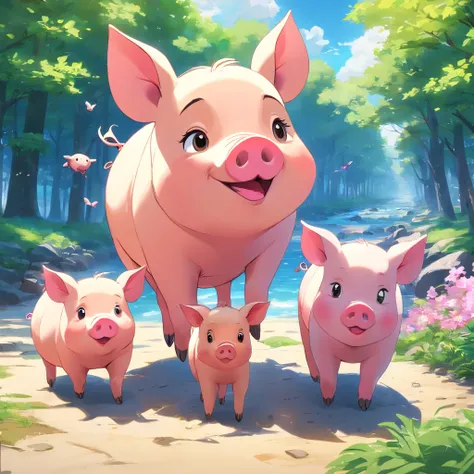 Draw 3 cartoon pigs，3D style，blender，adolable, sunny day