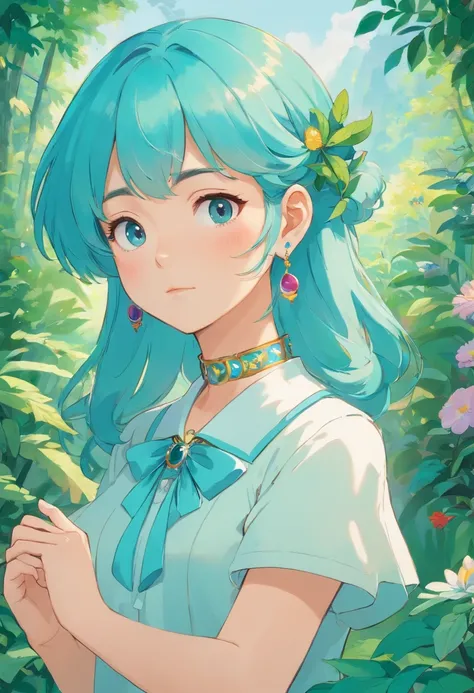 a girl wearing an anime collar, a long necklace and earrings, in the style of tranquil gardenscapes, colorful animation stills, masami teraoka, aquamarine, paul gauguin, Embry style, honest portrayal