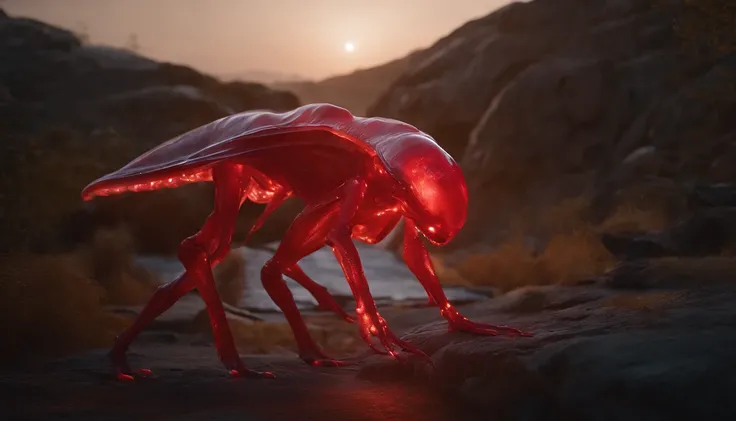 Transparent ethereal alien creatures，Glowing red，Glow effects，the night，中景 the scene is，Full body like， highly detailed surreal vfx，oc rendered，Shoot with 70 mm - AR