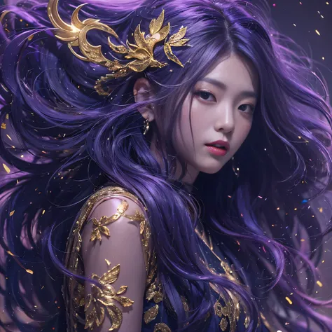 Genki Girl 32K（tmasterpiece，k hd，hyper HD，32K）Long flowing bright purple hair，Autumn Pond，zydink， a color，  Asian people （Genki girl）， （Silk scarf）， Combat posture， looking at the ground， long whitr hair， Floating bright purple， Fire cloud pattern gold tia...