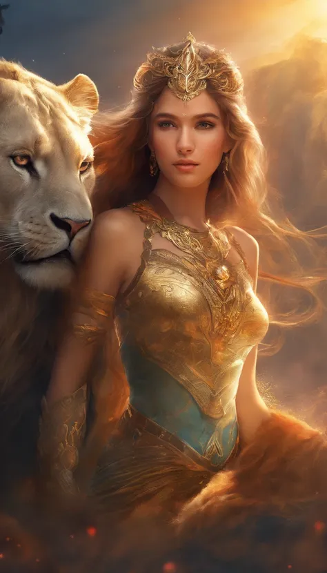 Super detailed beautiful girl, With the fierce lioness, Cinematic, Cinematic light, Realistic, 3D rendering of, Highly detailed face, Highly detailed, Realistic looks, Lifelike, Realistic girl, highly detailed hair