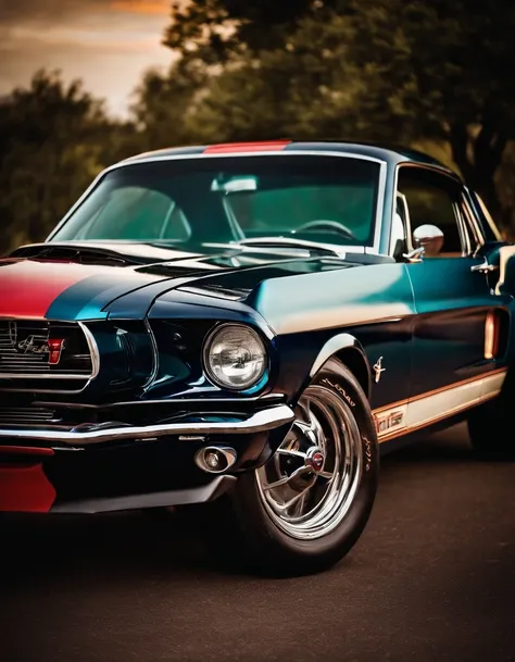 A photo of a muscle car, vintage ford mustang, colorful