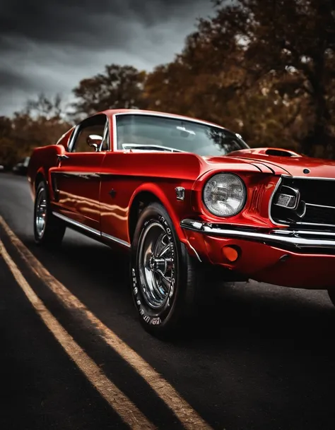 A photo of a muscle car, vintage ford mustang, colorful