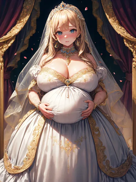 (masterpiece, best quality,extremely detailed:1.1),(moe anime art style:1.2),1girl,((full body,focus face)),((solo)), cute, kawaii,digital art,((1 bling-bling pregnant princess wearing beautiful embroidery and jeweled gorgeous rococo ballgown with jeweled ...