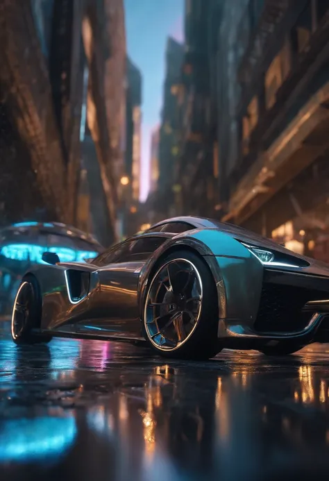 Wet reflective pavement, iridescent paint, highly detailed rims, glowing rims, View from the front, Futuristic city background, prime time, [Cyberpunk Night City:1.3], 8K DSLR, Sharp, tack sharp, Intricate details, Masterpiece, Golden ratio, Highest qualit...