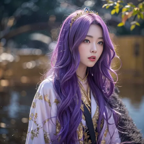 Genki Girl 32K（tmasterpiece，k hd，hyper HD，32K）Long flowing bright purple hair，Autumn Pond，zydink， a color，  Asian people （Genki girl）， （Silk scarf）， Combat posture， looking at the ground， long whitr hair， Floating bright purple， Fire cloud pattern gold tia...