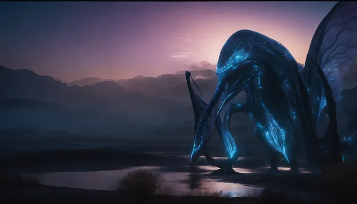 Transparent ethereal alien creatures，Glows blue-purple light，Glow effects，the night，中景 the scene is，Full body like， highly detailed surreal vfx，oc rendered，Shoot with 70 mm - AR