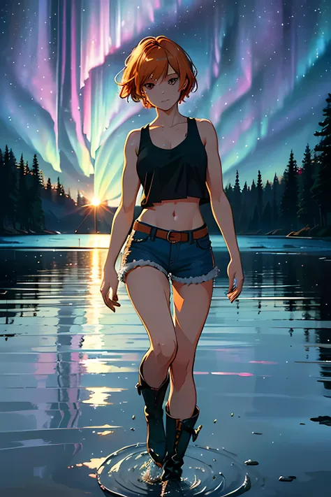 1girl, short hair, orange hair, green tanktop, cutout above navel, blue denim shorts, black belt, brown boots, arms at sides, wa...