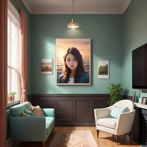 Living room mockup for wall art, realistic, bright.