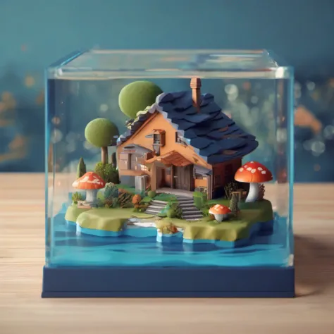 Miniature,Super cute clay world, iso-distance view，Low mode，3 d low poly render，tmasterpiece，best qualtiy，Lots of detail，3Drenderingof，Q printmaking style，mushroom house，Small scenes，C4D，volumetric modelling，blue backdrop