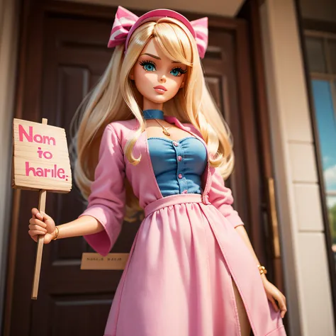 Barbie doll holding a blanked sign