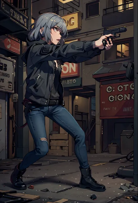 1girl, black jacket, jeans, boots, holding and aiming gun, new york city street backdrop, shooting pose, danger atmosphere, grit...