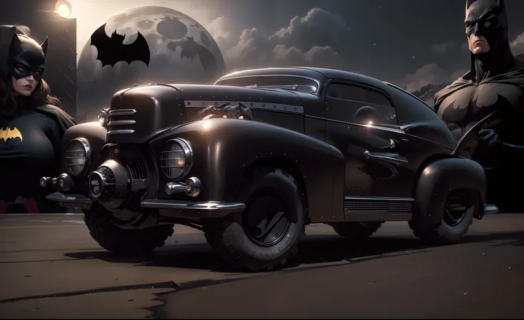 A Batmans car black and powerful in the foreground, a beauty batgirl and Batman himself stand up and a bat flying in front of a big moon in the background